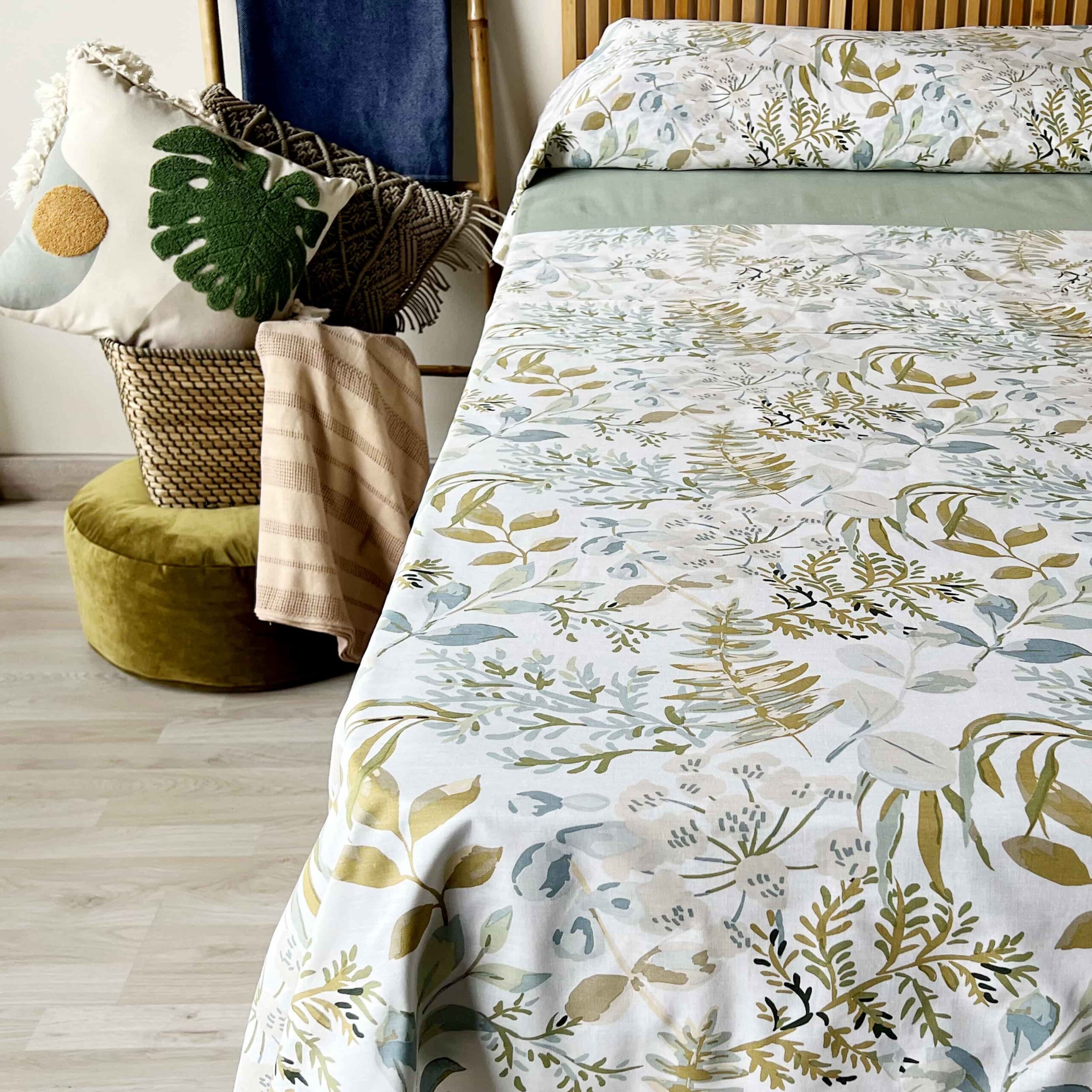 Juego de sábanas 100% algodón ramas verdes 3 piezas - cama 90 cm