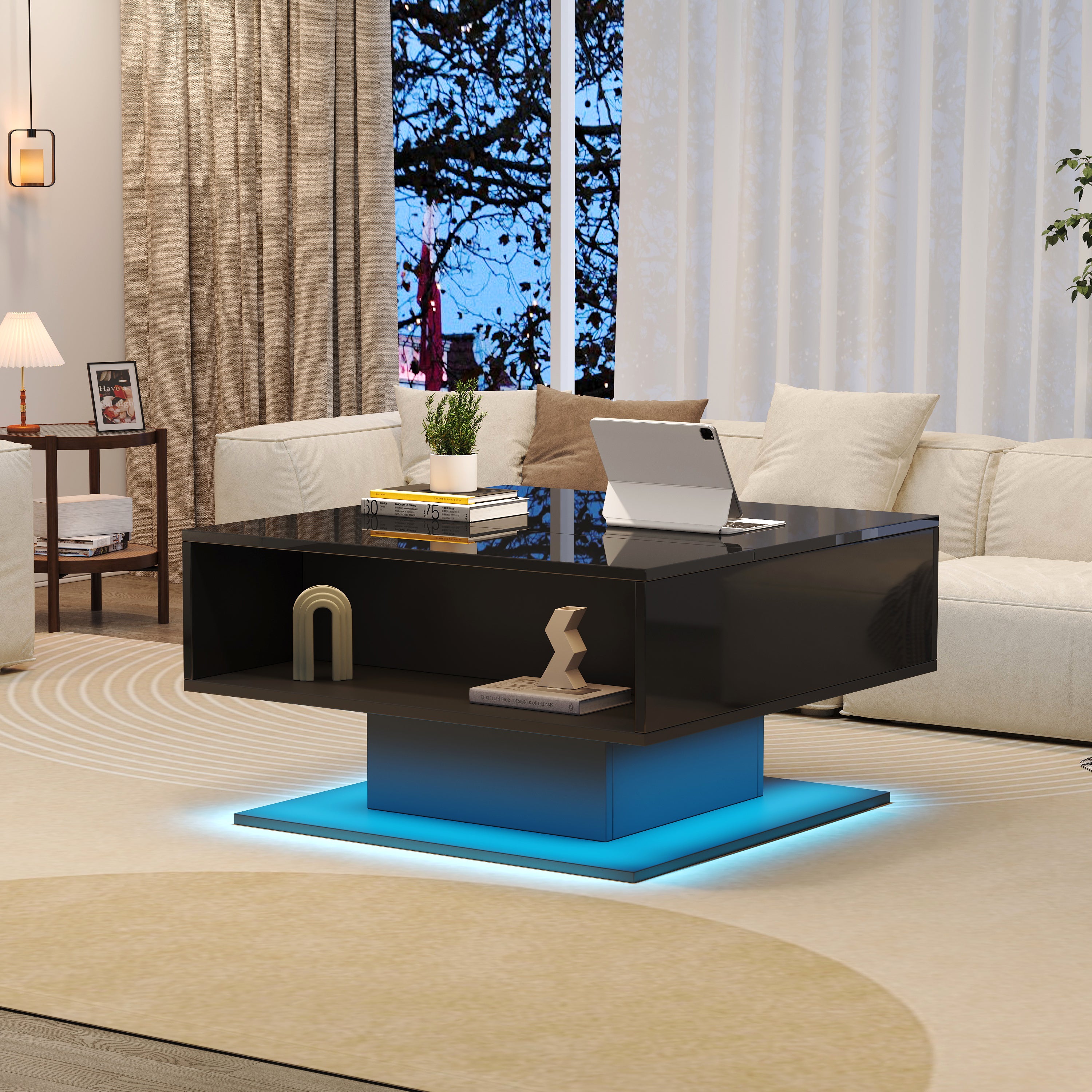 Regulowany stolik kawowy 80×77×40 cm - wysoki połysk - z oświetleniem LED - półotwarte przechowywanie - czarny