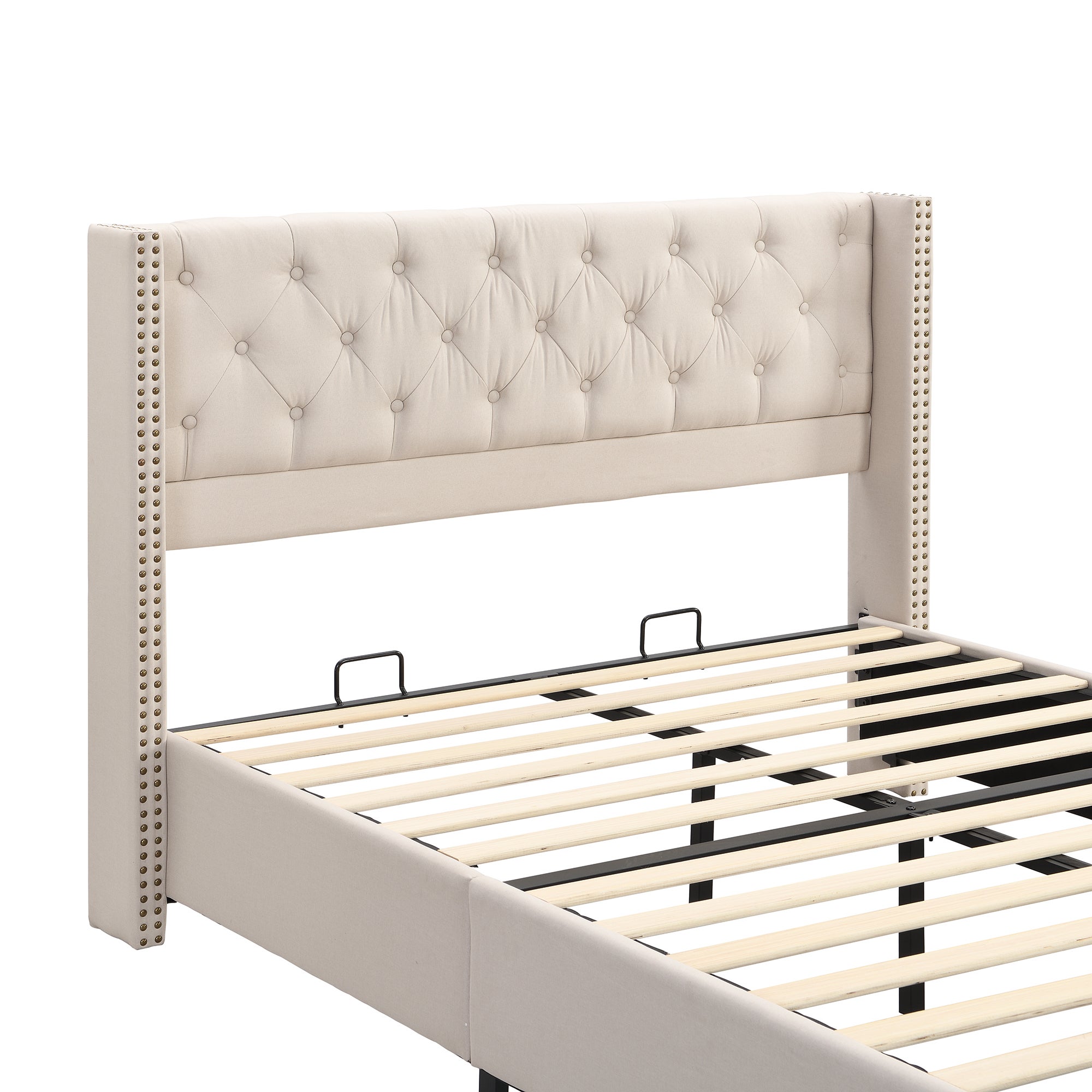 Lit Double 140x190 cm - Lit Classique Beige en Lin - Tête de Lit Capitonnée, Sans Matelas - 8