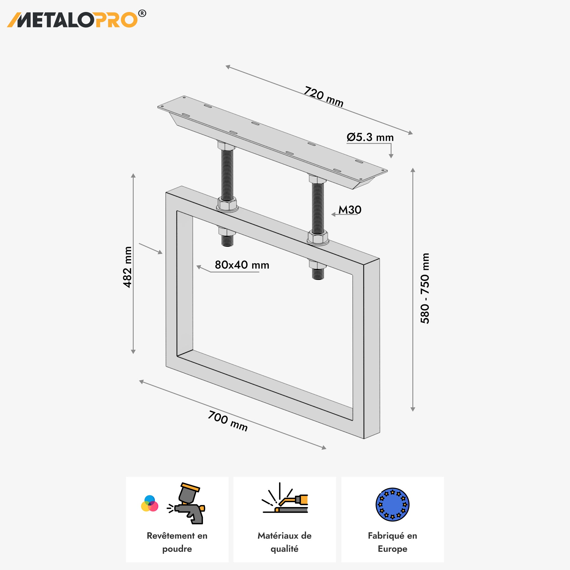 MetaloPro Pieds de Table en Métal Noir avec Réglage en Hauteur - Set de 2 - 3