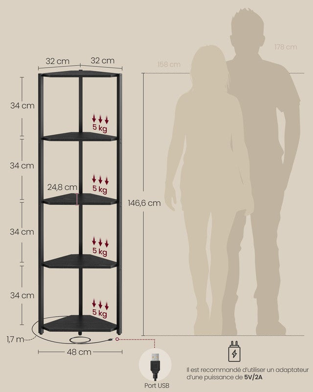 Étagère d'angle à 5 Niveaux, Bibliothèque avec Éclairage LED Réglable, Meuble de Rangement avec Cadre en Acier,pour Salon, Chambre, Noir Boisé - 5
