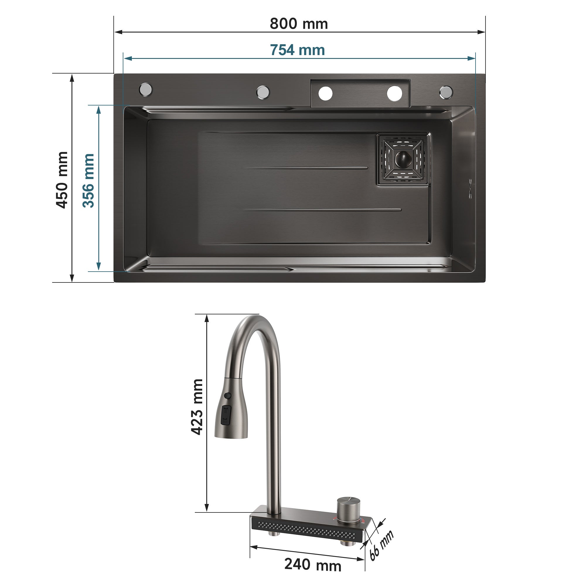 SIRHONA Évier de Cuisine Multifonctionnel Cascade 80x45 cm Robinet Extractible 3-en-1 Acier Inox 304 Anti-éclaboussures & Insonorisé - 4