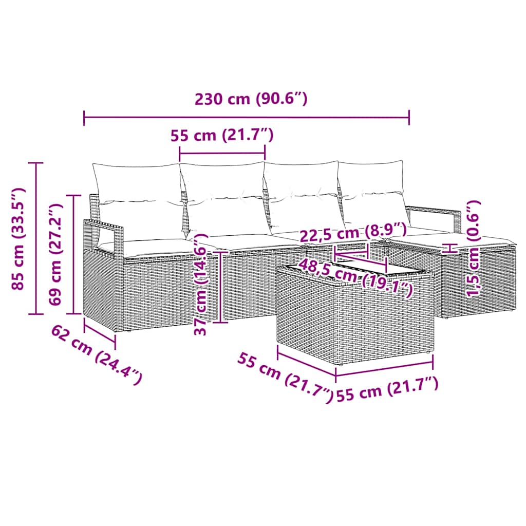 Conjunto de Sofás de Jardim Modular de 6 Peças com Almofadas Confortáveis em Rattan Sintético - 8
