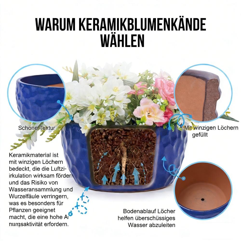 Set 3 pots céramique Ø38,1/30,5/25,4 cm bleu cobalt martelé, succulentes/violettes, intérieur/extérieur, argile respirante - 7