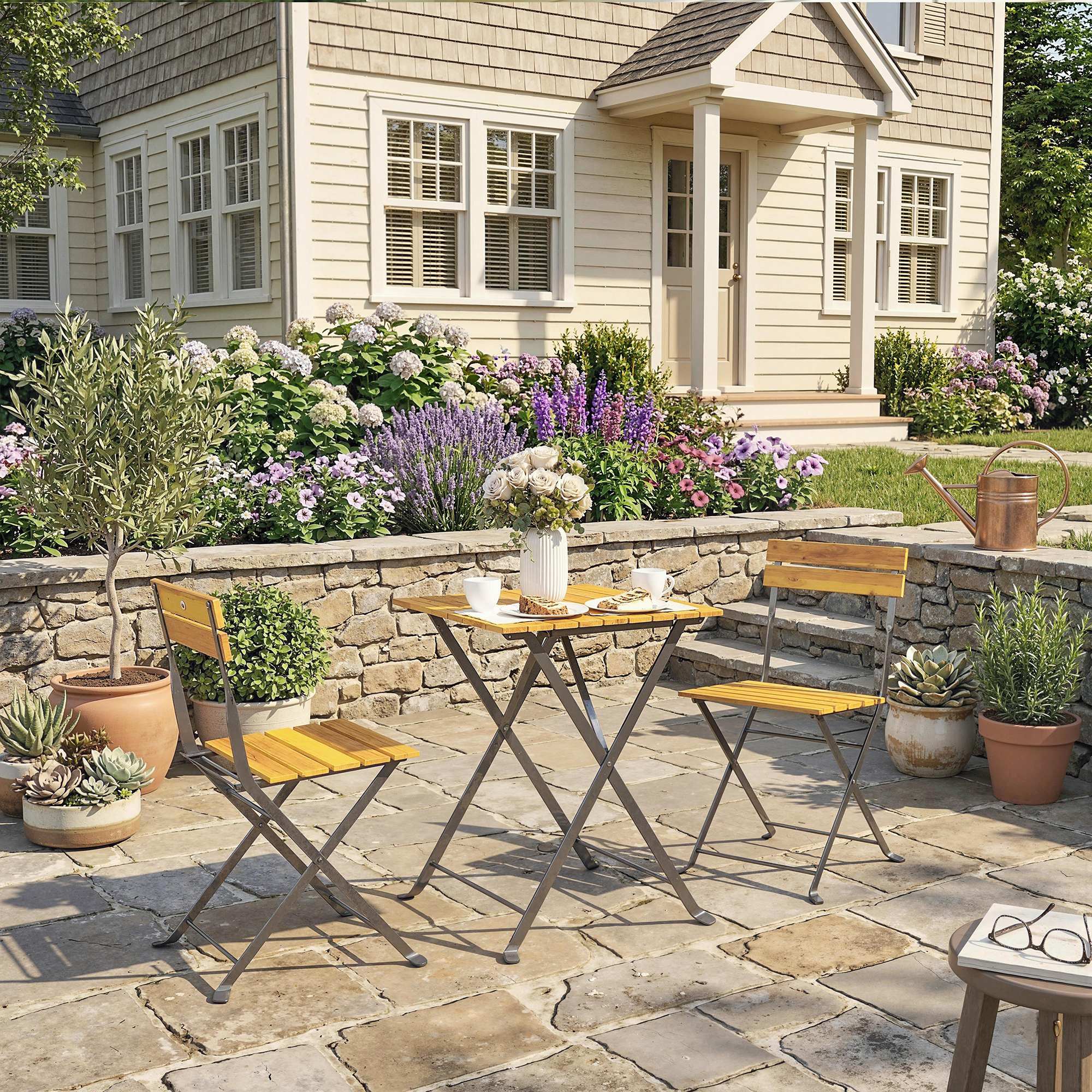 Ensemble de salle à manger 3 pièces pour 2 personnes, table pliante avec 2 chaises pliantes pour terrasse/balcon, en teck - 4