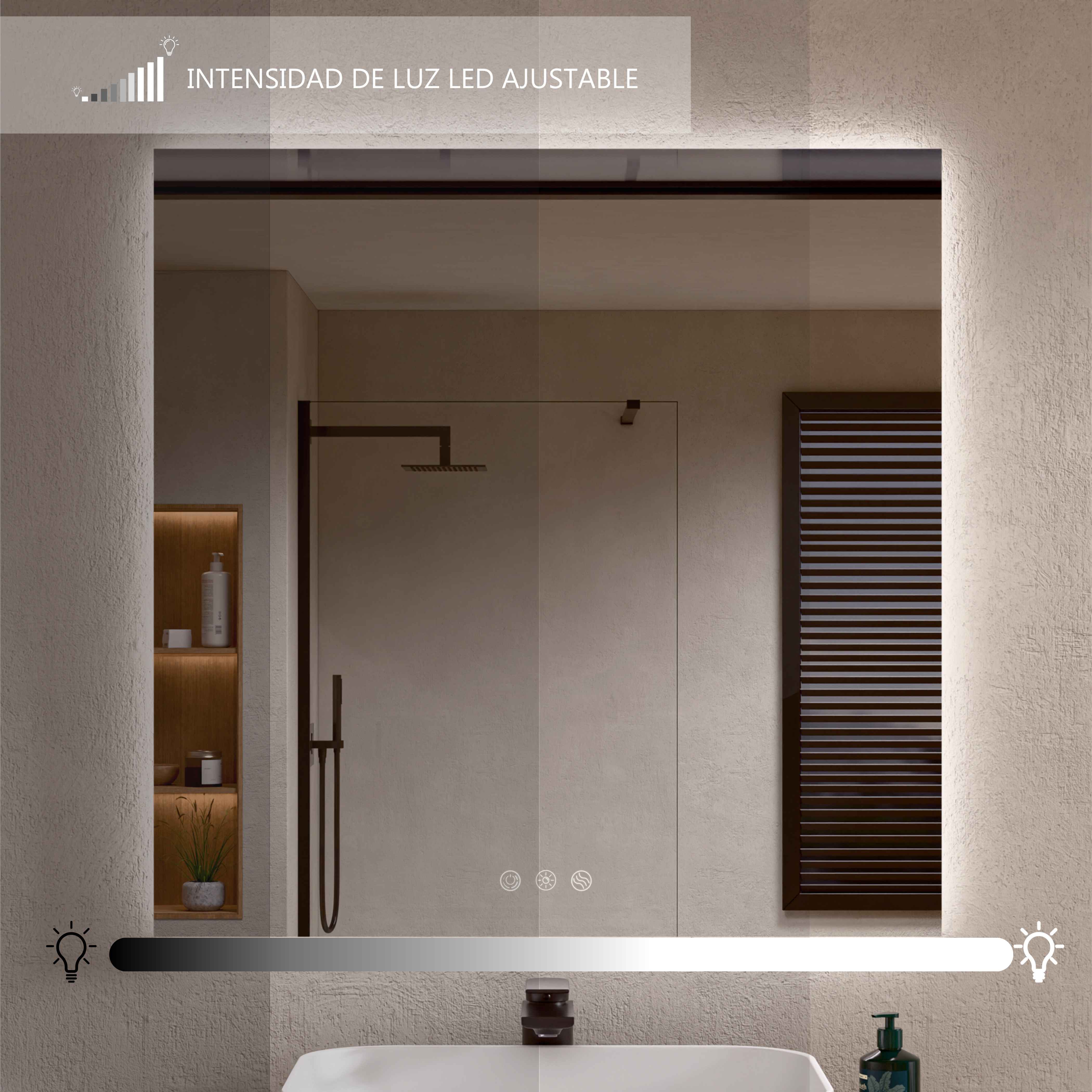 BELLOBATH - Espelho de banheiro com luz LED, luz ajustável em 3 cores e intensidades, antiembaçante - luz indireta 80cm alto x 80cm largura - 6