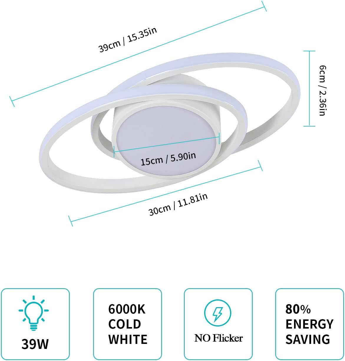 Plafoniera LED ovale doppia in alluminio - Bianco, 39W, luce bianca 6500K - 5