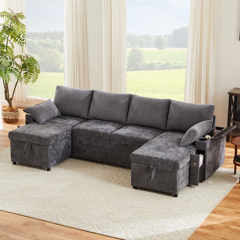 Sofa 4-osobowa w kształcie U - z uchwytami na kubki - z poduszkami - szara