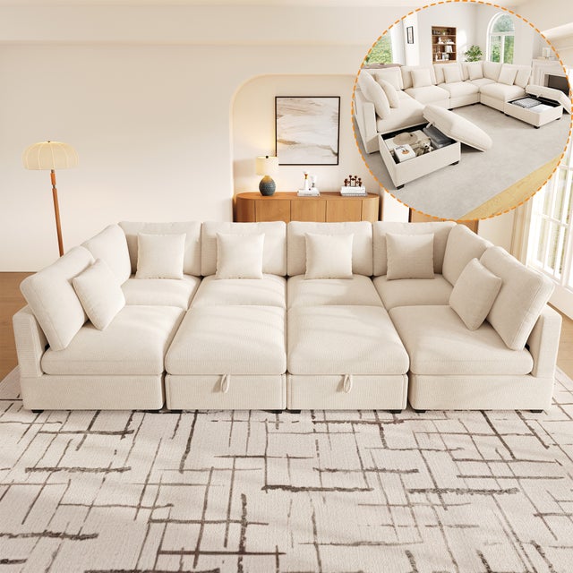 Canapé d'angle en U, 8 places, modulable avec literie intégrée, en tissu chenille beige, 292×220×81 cm, canapé panoramique, grand canapé familial