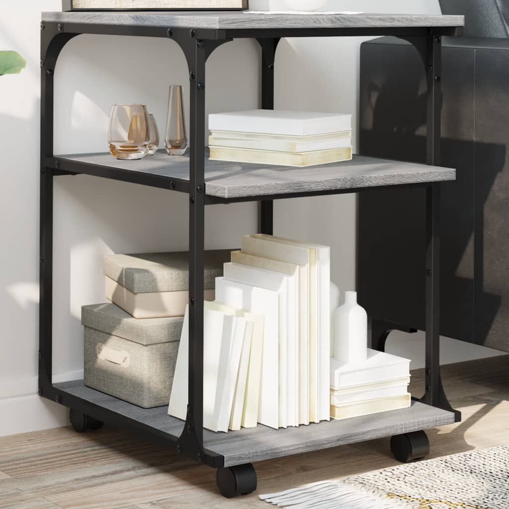 3-poziomowy stojak na drukarkę z drewna i stali z 4 kółkami, kolor Sonoma Grey – wielofunkcyjny organizer