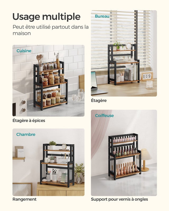 Étagère à Épices, Étagère de Rangement à 3 Niveaux, Organisateur de Bureau, pour Cuisine, Salle à Manger, Bureau, Marron Rustique et Noir - 5