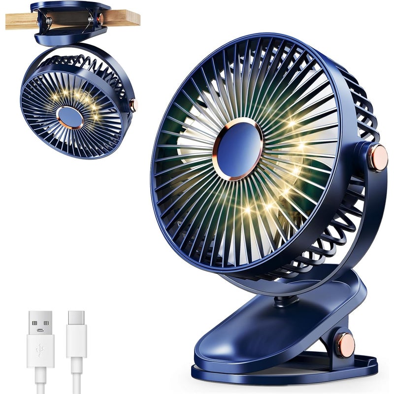 Przenośny wentylator na klips z lampką LED, 5 prędkości, obrót o 720°, cichy i ładowalny, 6 cali (niebieski)