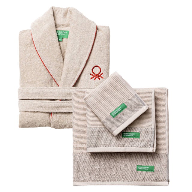 BENETTON Ensemble peignoir L/XL + lot de 3 serviettes en coton beige
