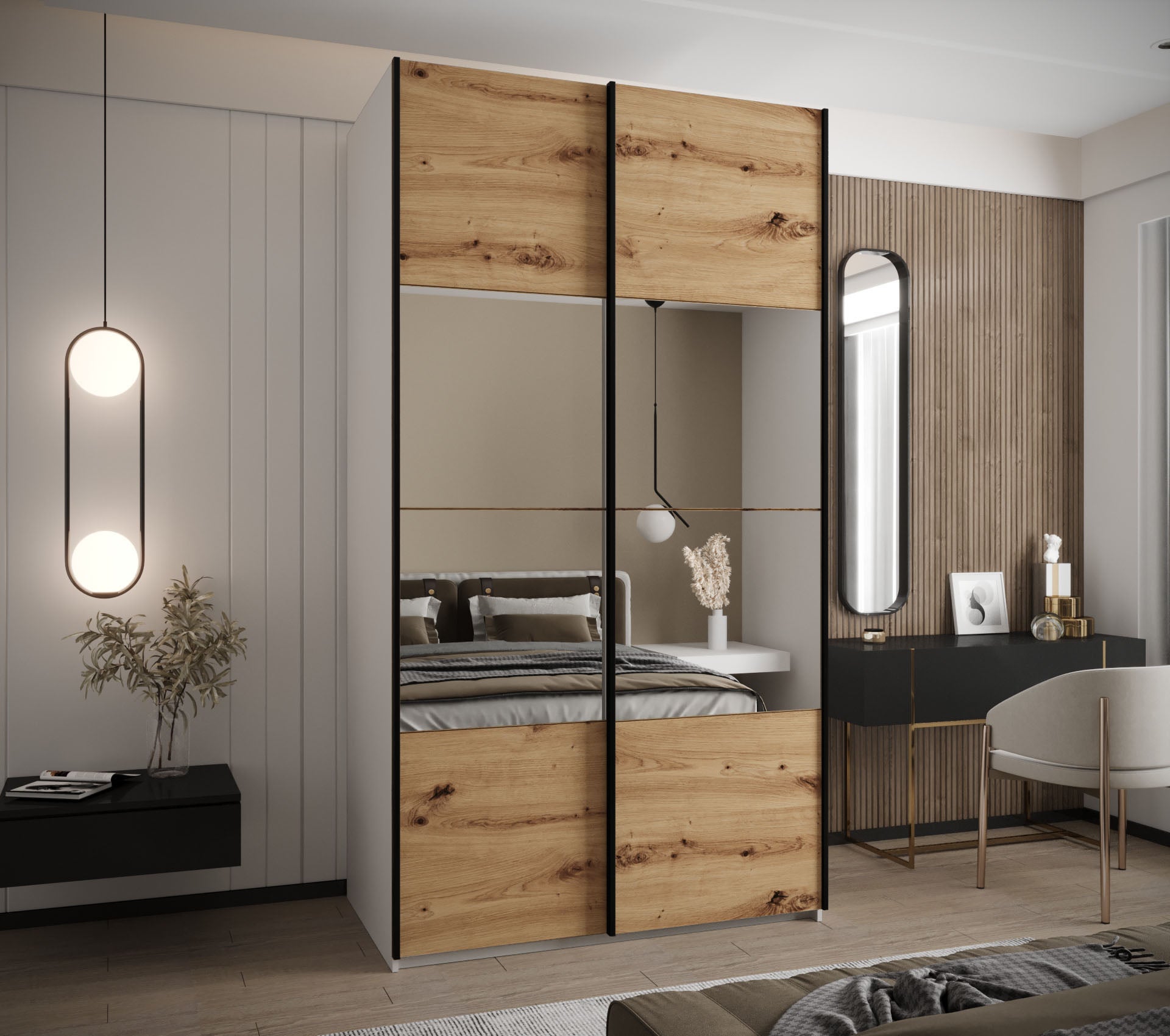 Szafa przesuwna wysoka Lux 4 130 x 64 x 245,5 cm biały + artisan + u. czarny - Abiks Meble - 2