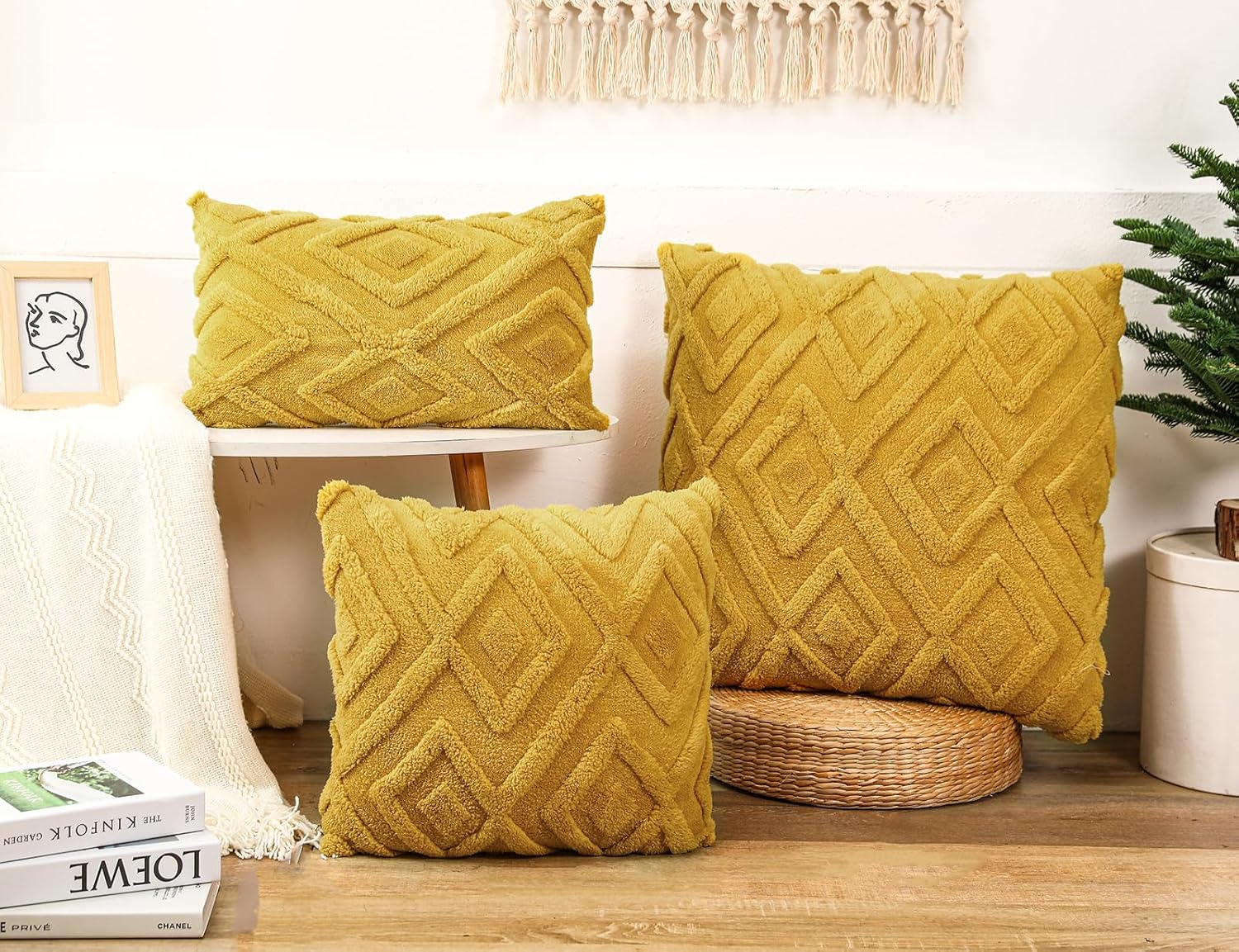 Housse de coussin jaune - motif à carreaux doux, style bohème - convient pour le salon, la chambre, etc. - Lot de 2, 30×50 cm - 4