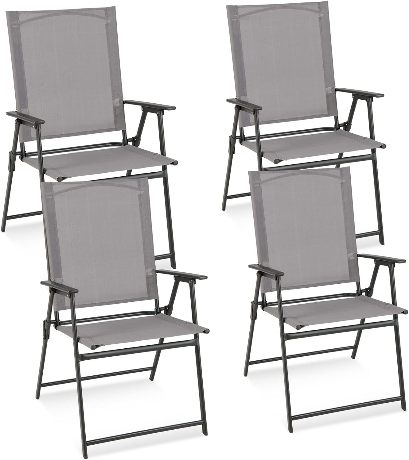Zestaw 4 Krzeseł Ogrodowych z Tekstylenu, Metalowa Rama, Składane Krzesła z Wysokim Oparciem i Podłokietnikami, Krzesła Kempingowe do Ogrodu, Szary