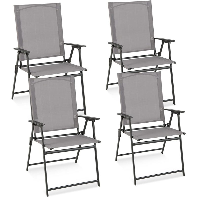 Zestaw 4 Krzeseł Ogrodowych z Tekstylenu, Metalowa Rama, Składane Krzesła z Wysokim Oparciem i Podłokietnikami, Krzesła Kempingowe do Ogrodu, Szary