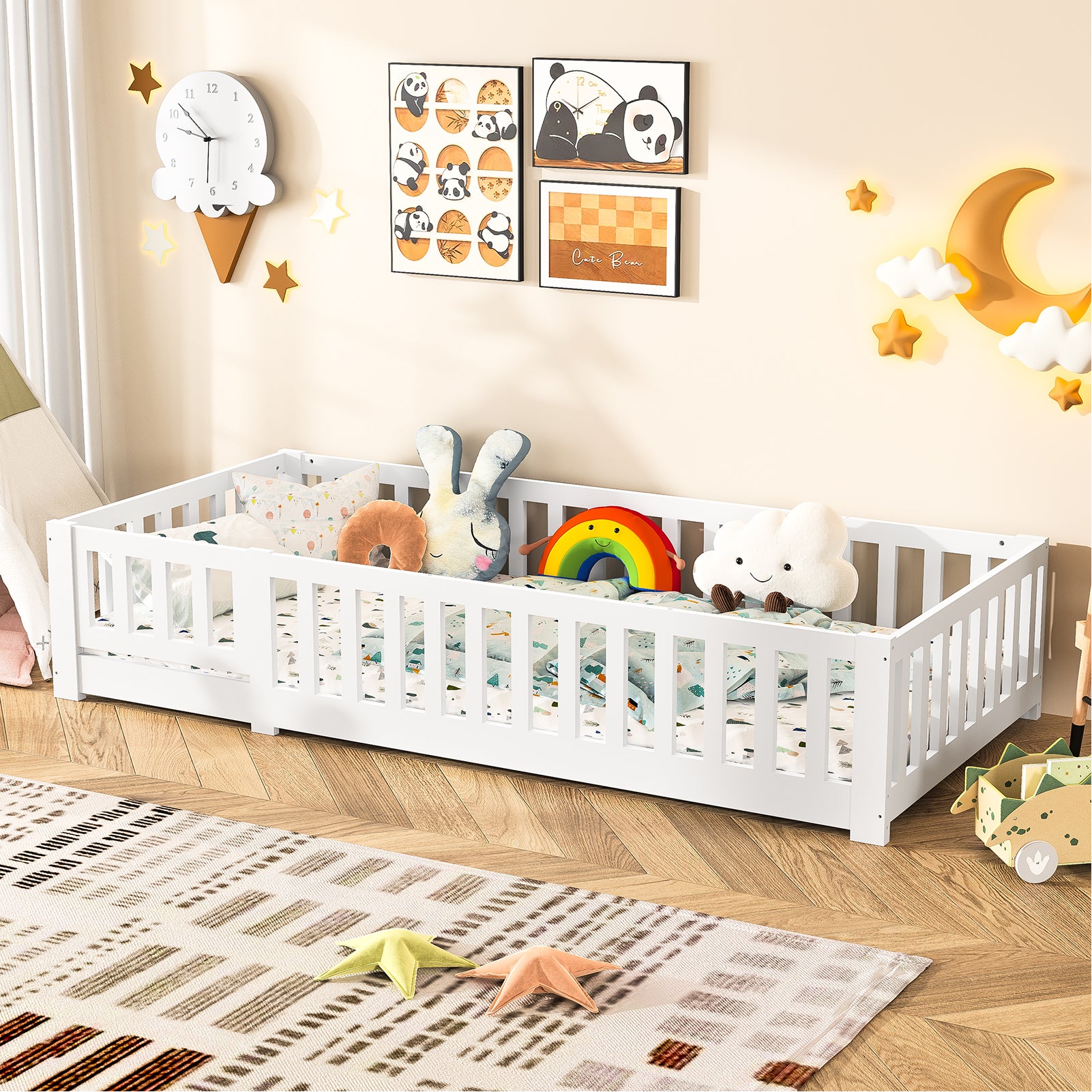 Lit Enfant 90 x 200 cm, Lit de sol en Bois Naturel de Pin Massif avec porte et Barrière de Sécurité, Lit Montessori avec sommier à lattes, Blanc - 7