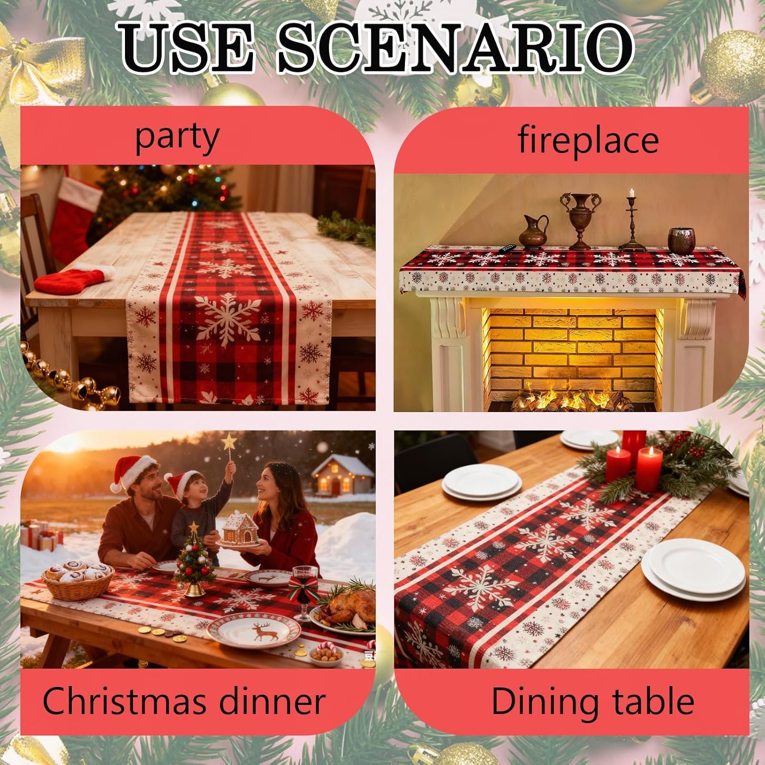 Runner da tavola natalizio rosso, 33 x 120 cm, misto lino e cotone, motivo a fiocco di neve – rosso - 3