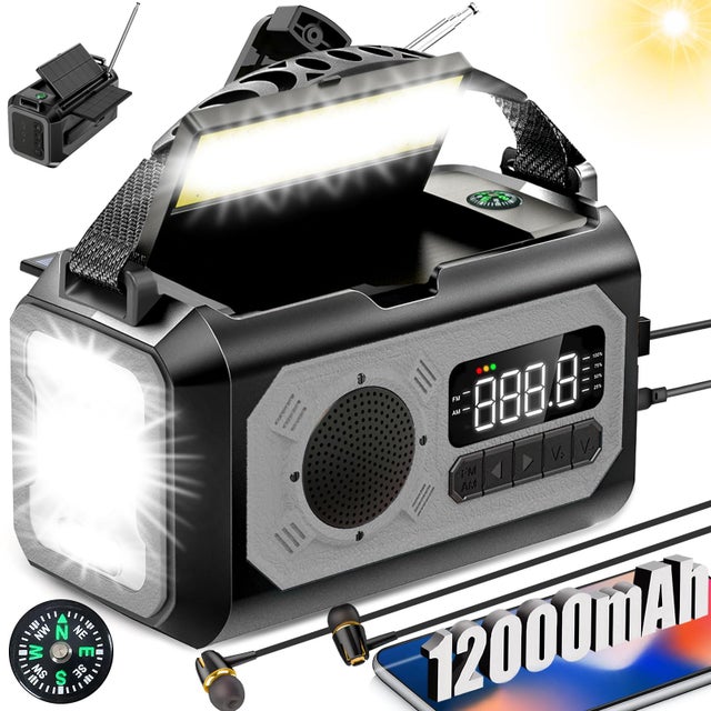 Radio Solaire 12000mAh AM/FM avec Manivelle, 2 Panneaux Solaires, Câble USB, 3 Méthodes de Chargement, SOS, Lampe, Chargeur Téléphone, Boussole