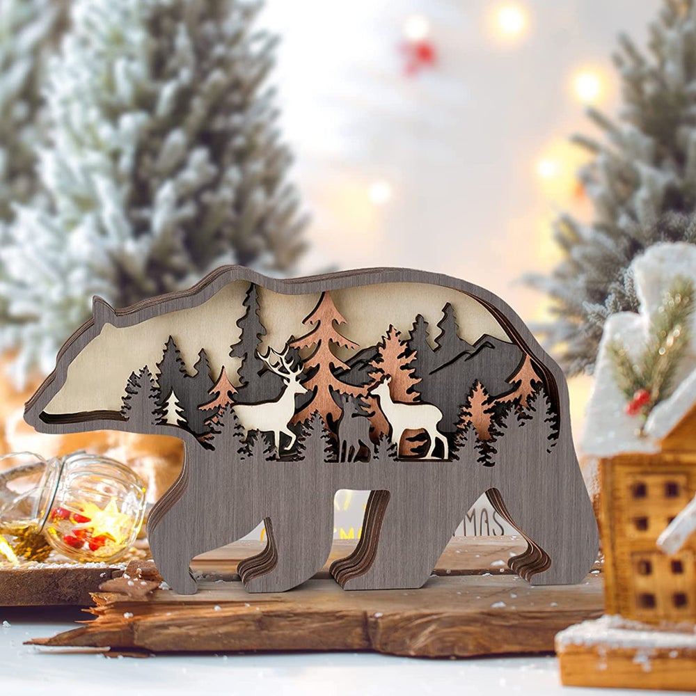 2pcs Ornements 3D en bois de Noël, figurines créatives d'animaux, ours et orignal, décoration artisanale pour salon et bureau, idée cadeau festive - 5