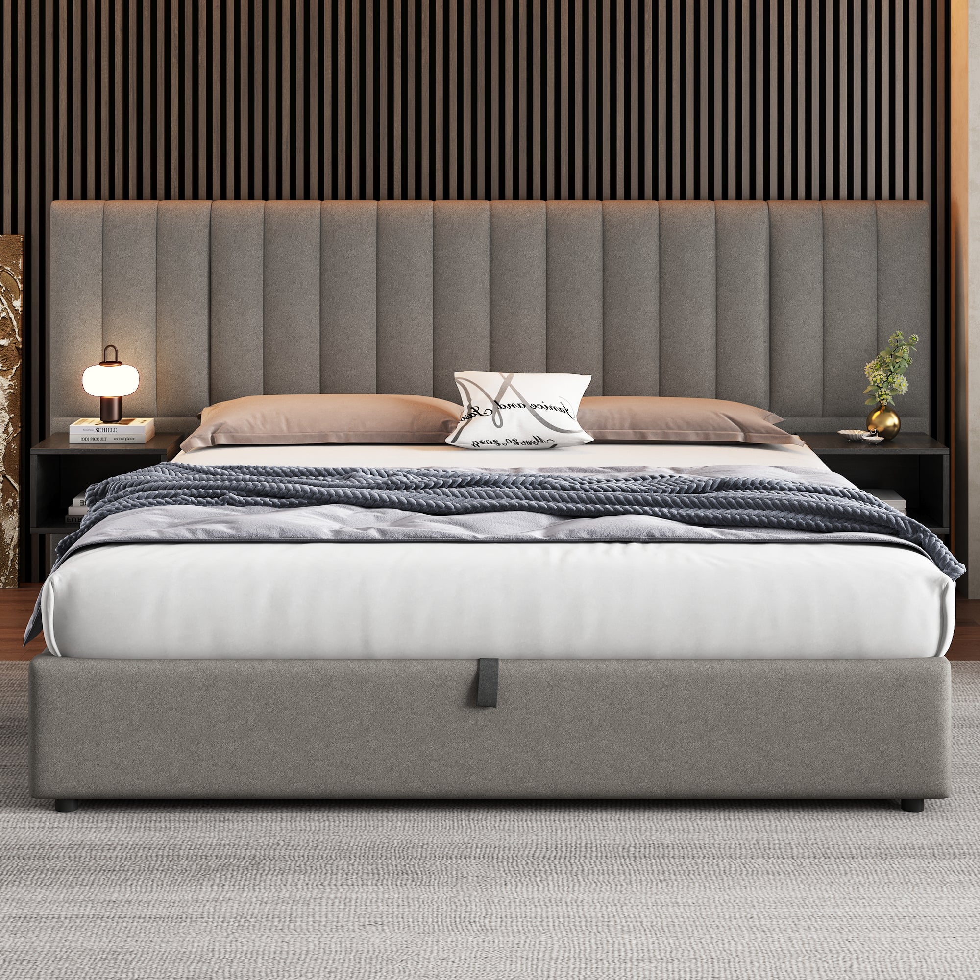 Cama contenedor 180 x 200 cm con cabecero grande y 2 mesitas de noche - Tela de lino - Gris + negro (sin colchón) - 2