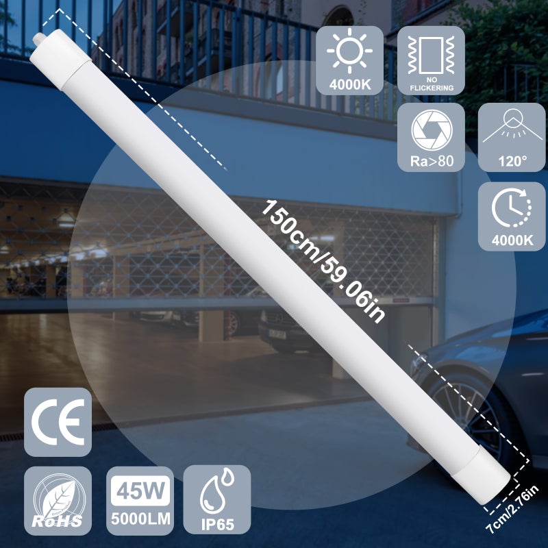 LOVHAUS Zestaw 4 Listwa LED Gara偶 Wodoszczelna IP65 L.150cm 110lm/W 4000K, Listwa LED PC Bia艂a Do Piwnicy Biura Magazynu