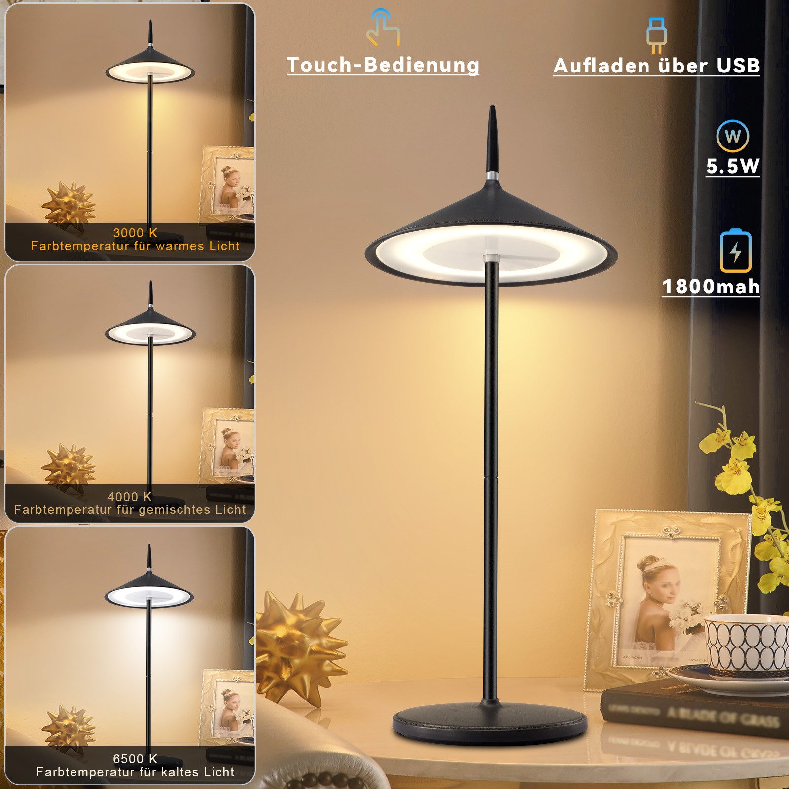 Veilleuse LED Tactile - Lampe De Chevet USB Rechargeable - Dimmable - Moderne