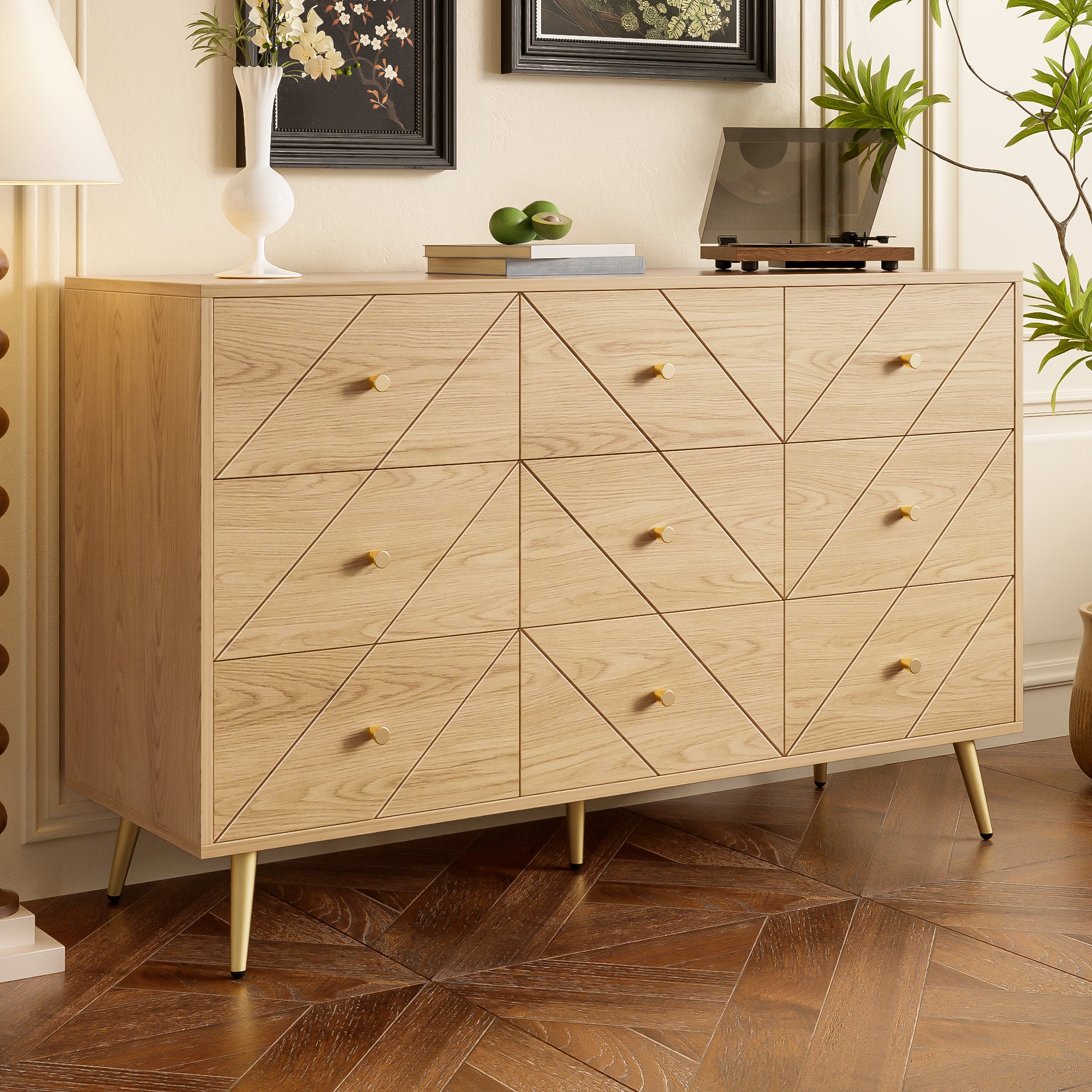 Cómoda moderna con 9 cajones - 120 x 39 x 80 cm - tablero de partículas y patas de hierro - Negro y natural - 7
