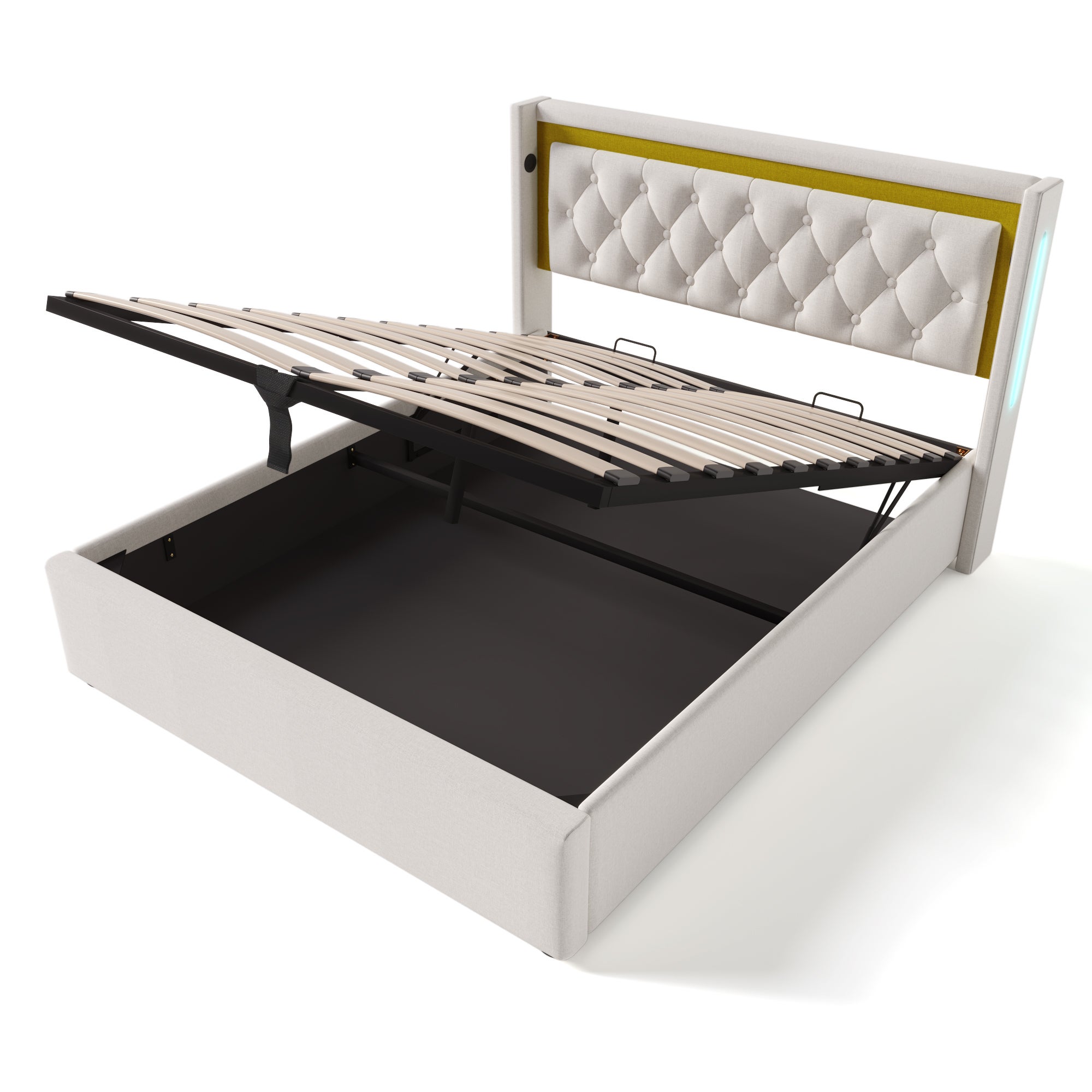 Cama tapizada para adultos 140x200 cm con LED y USB-C, lino beige (sin colchón) - 6