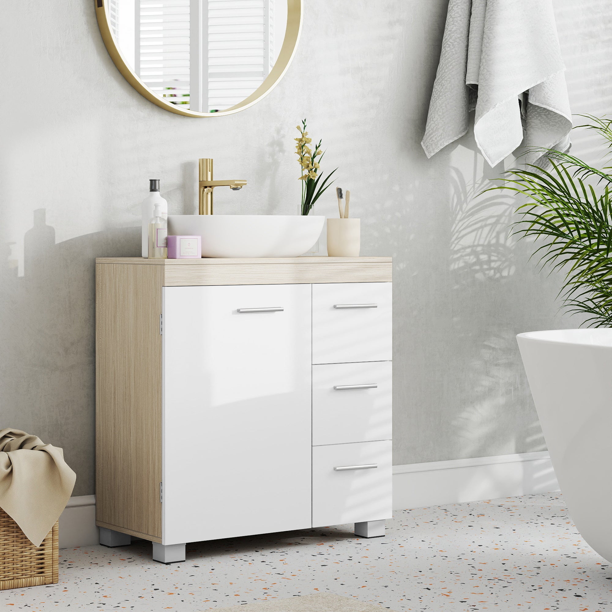 Armoire de Salle de Bain, Meuble Sous Lavabo avec Pieds, 2 Compartiments et 3 Tiroirs, Blanc et Beige - 2