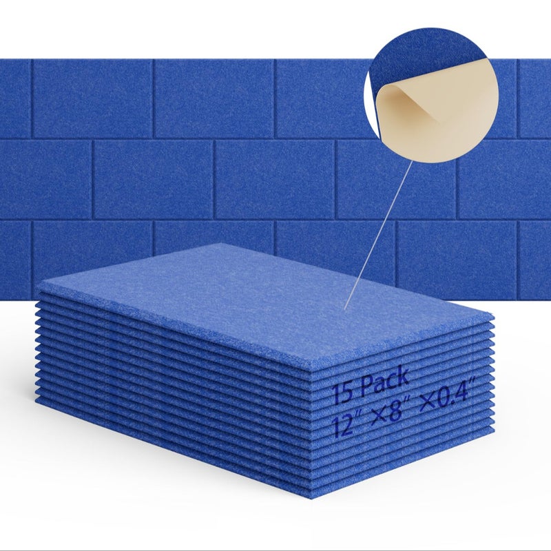 Zestaw 15 samoprzylepnych paneli akustycznych, wyściółka dźwiękochłonna z poliestru, panele ścienne o wysokiej gęstości, 30 x 20 x 1 cm, niebieskie