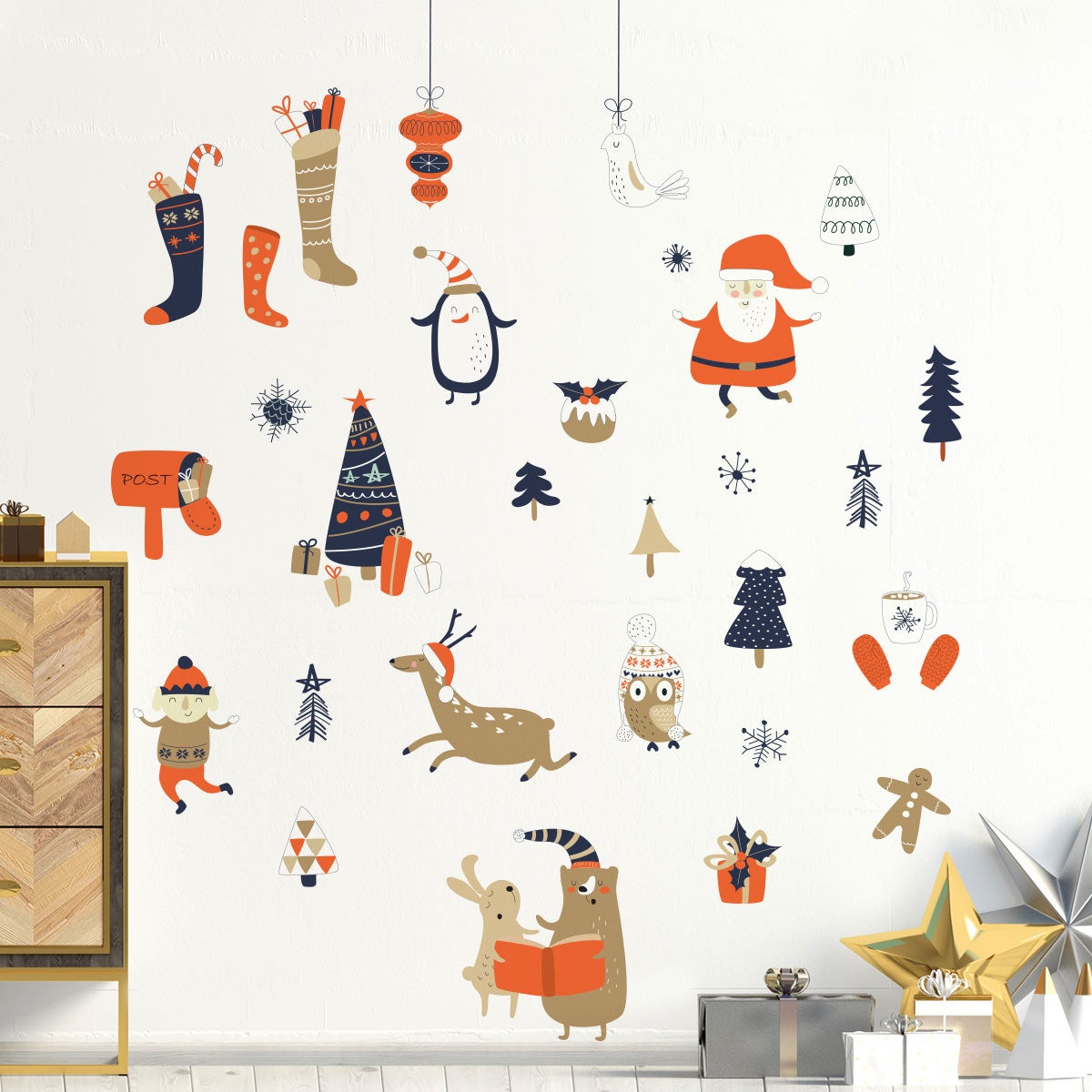 Stickers Noël père noël et ses animaux - Autocollants stickers adhésifs noël - décoration fêtes - 40x40cm - 5