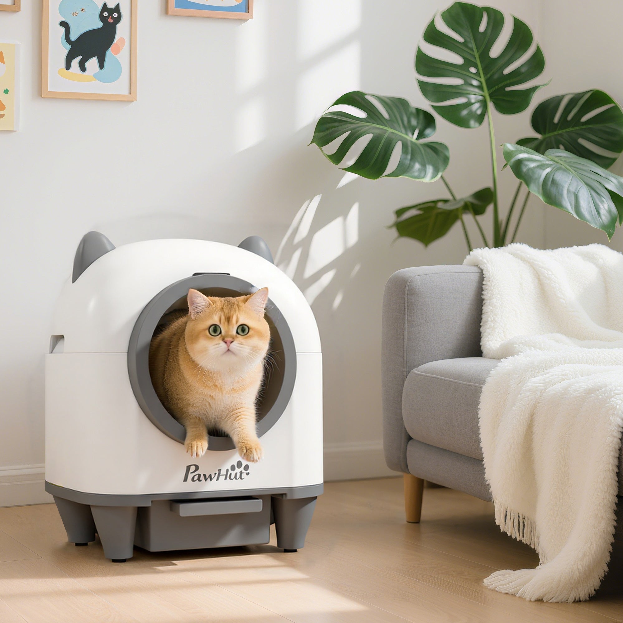 Bandeja areia gato autolimpante 80L automática controlo app anti-belisco 55.5x51x60cm branco - 4