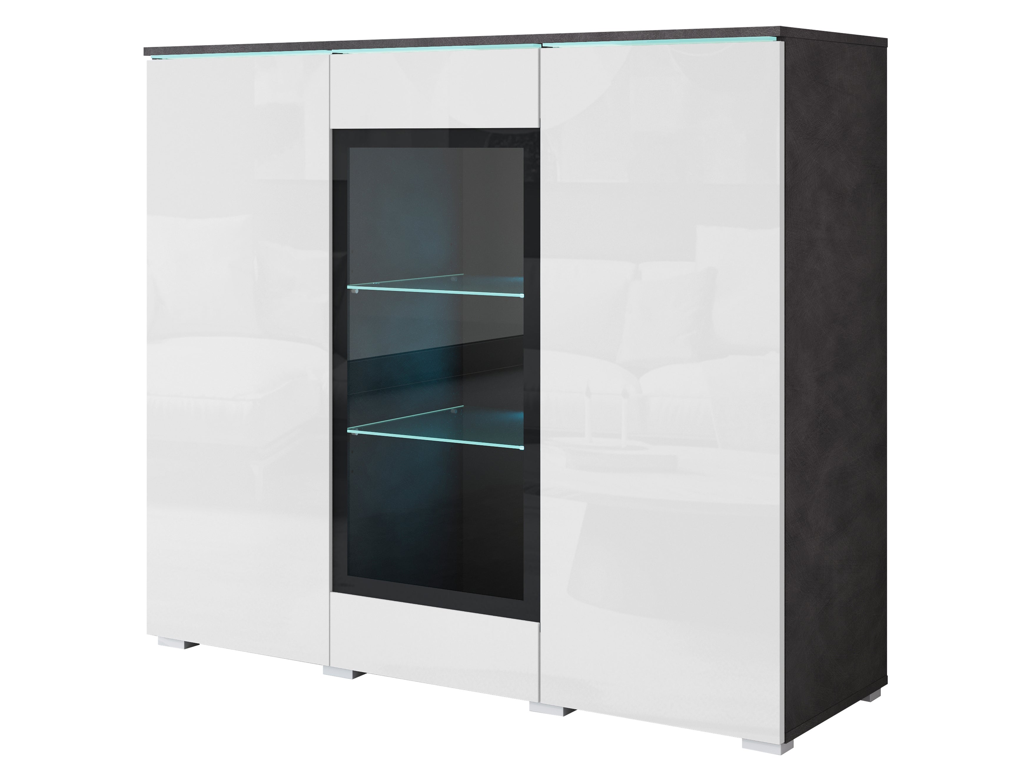 Komoda z przeszkleniem VEVE 120 cm , w kolorze matera/biały połysk z LED
