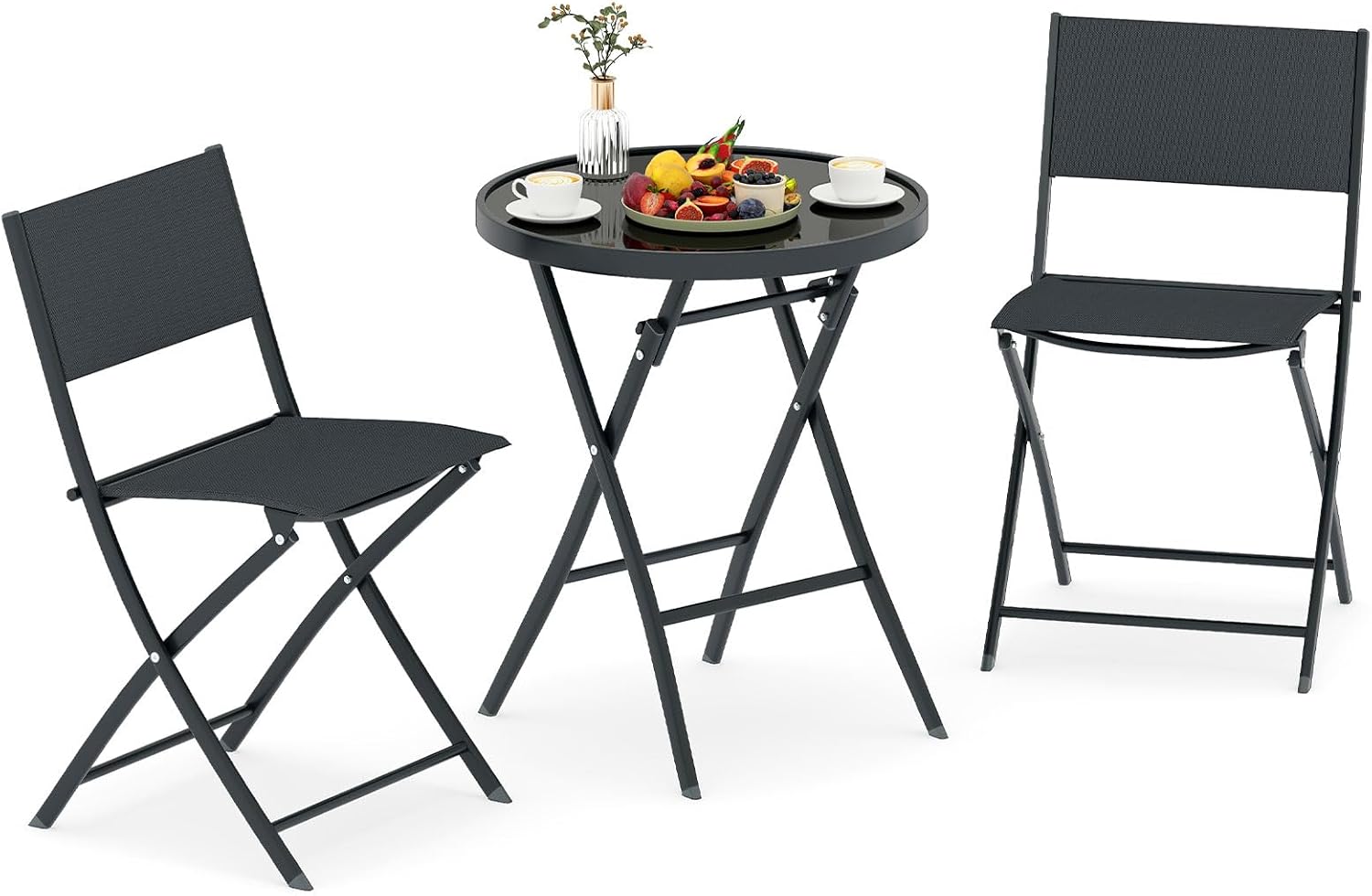 Set de bistro pliabil din 3 piese, mobilier de grădină cu scaune din țesătură respirabilă și blat sticlă securizată, mobilier sufragerie terasă