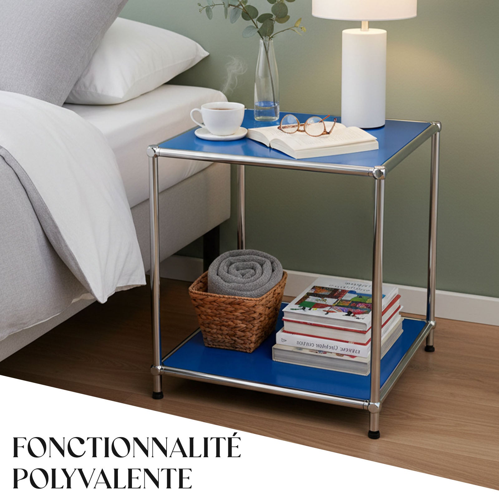 Étagère métal chromé design épuré, Concept Epuré MK-012 : 2 étages, L40 x P40 x H46 cm, Bleu - 6