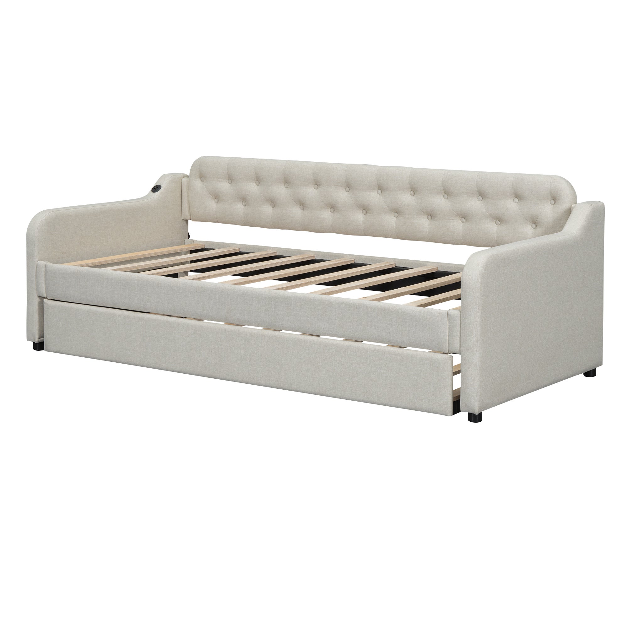 Lit gigogne 90x200cm - avec Port USB - tissu en Lin - Beige - 5