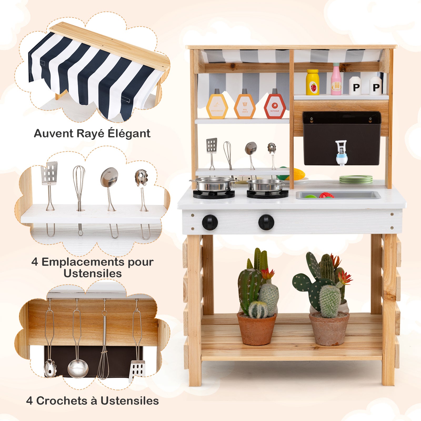 Cuisine Enfant Double Face avec Réservoir à Eau & Evier Amovible, Jeu de Cuisine en Bois avec Auvent & 6 Accessoires, pour 3 Ans+, Naturel - 8