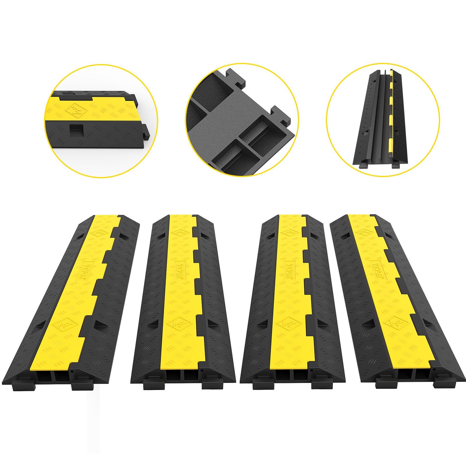 Modularna Rampa Do 2-kanałowego Przewodu, Gumy I Ochrony Kabli PVC Obciążenie 4,989 kg, 4 Sztuki Czarna żółta Rampa Do Ochrony Kabli Do Użytku N VEVOR