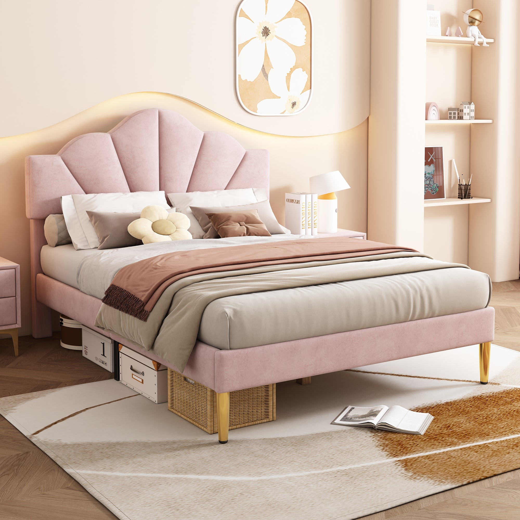 Letto Matrimoniale Imbottito Con Testiera Wingback Rosa - Struttura Solida Con Doghe In Legno, Senza Rete - 4