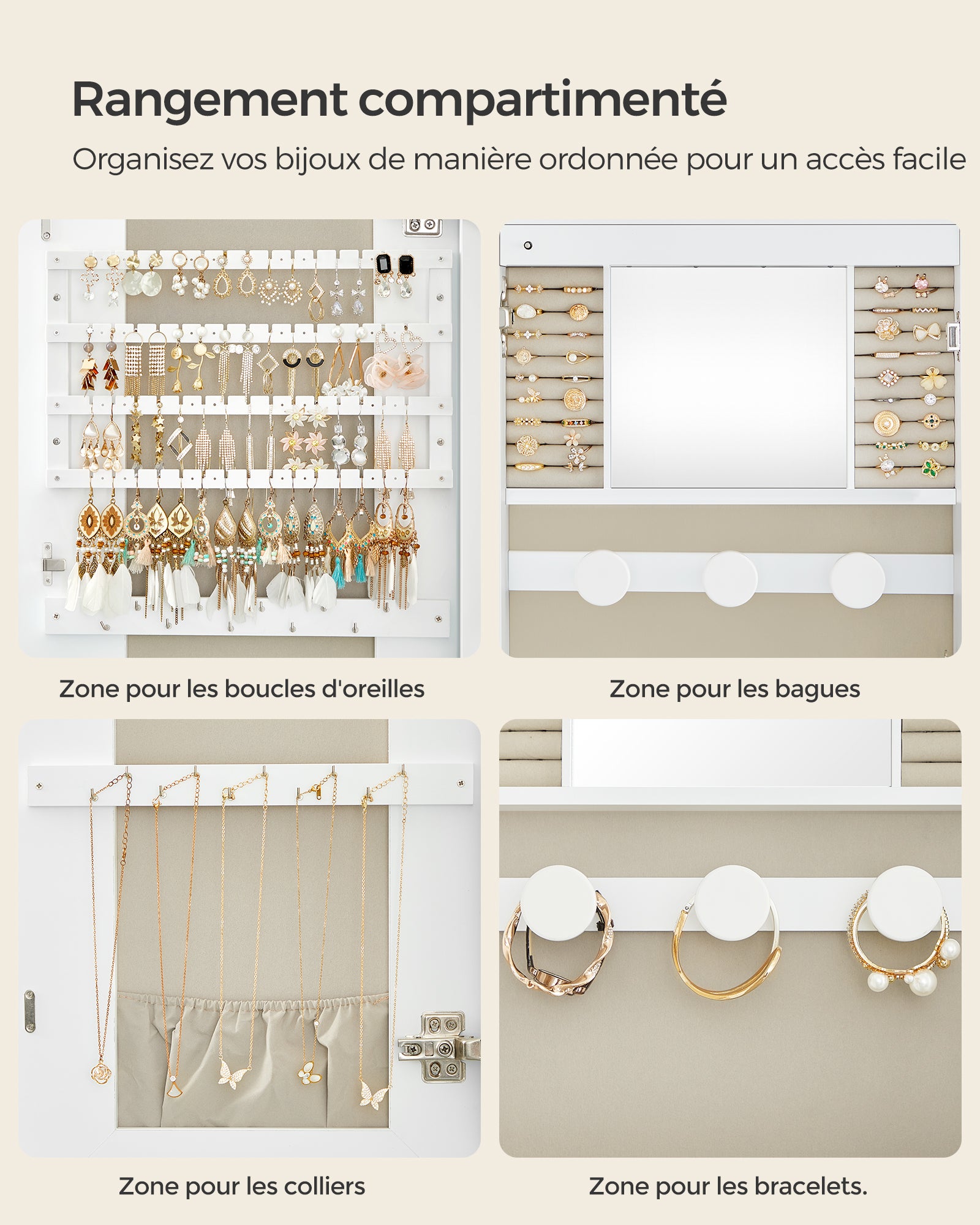 Armoire à Bijoux, Miroir Mural avec LED et Serrure, Surface Blanche et Doublure Grise Beige - 4