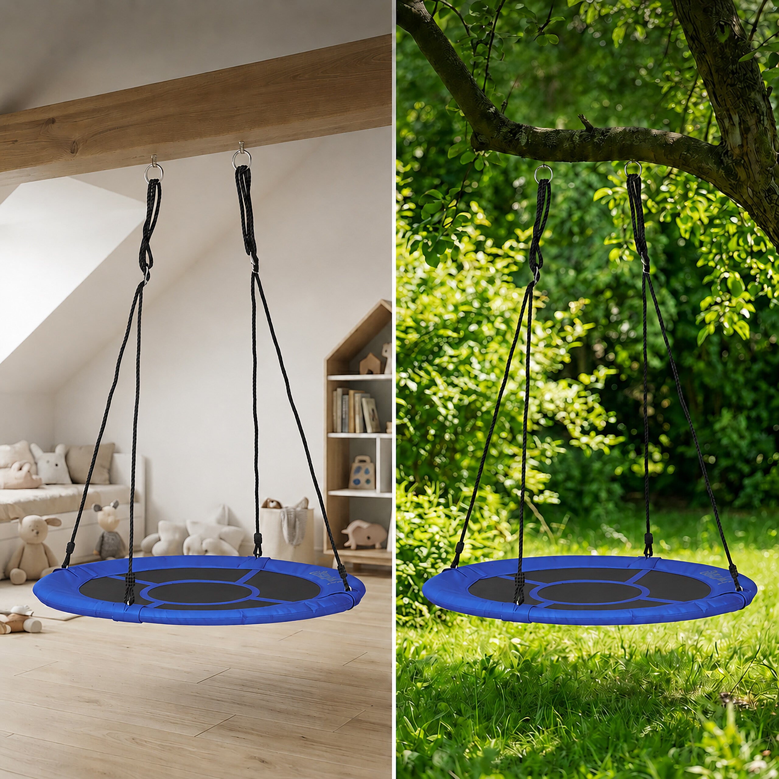 baloiço ninho redondo para o jardim, até 100 kg, assento fechado, HBT: 153 x 90 x 90 cm, azul escuro, Relaxdays - 6