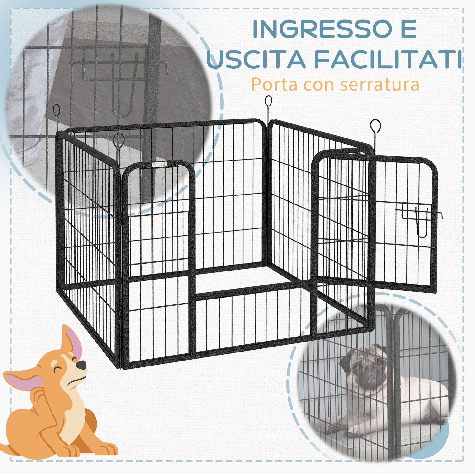 PawHut Recinto per Cani Pieghevole in Metallo, per Interno ed Esterno con Porta con Catenaccio e Picchetti, 82x82x60cm Grigio - 7
