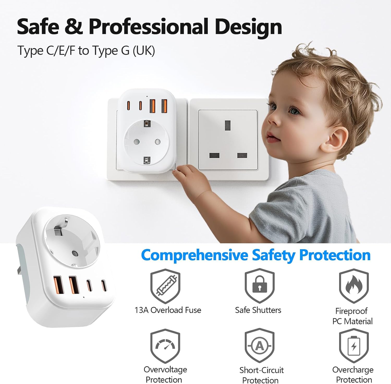 Adaptateur Prise Anglaise Type G, avec 2 USB A & 2 USB C, FR 2 Broches vers GB 3 Broches pour Irlande Angleterre Ecosse Dubaï Malte - 6