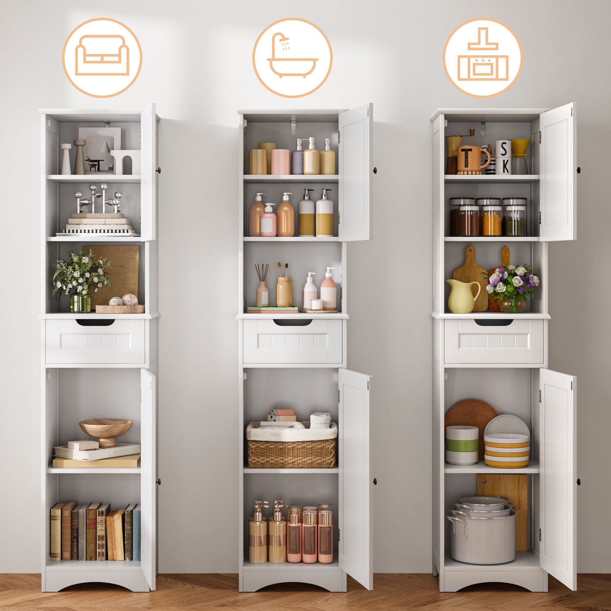 Bealife Mobile Colonna per Bagno con Ripiano con Piedistallo, Armadio Alto a 2 Ante, 1 Cassetto, 1 Ripiano Aperto e Ripiano Regolabile - 9