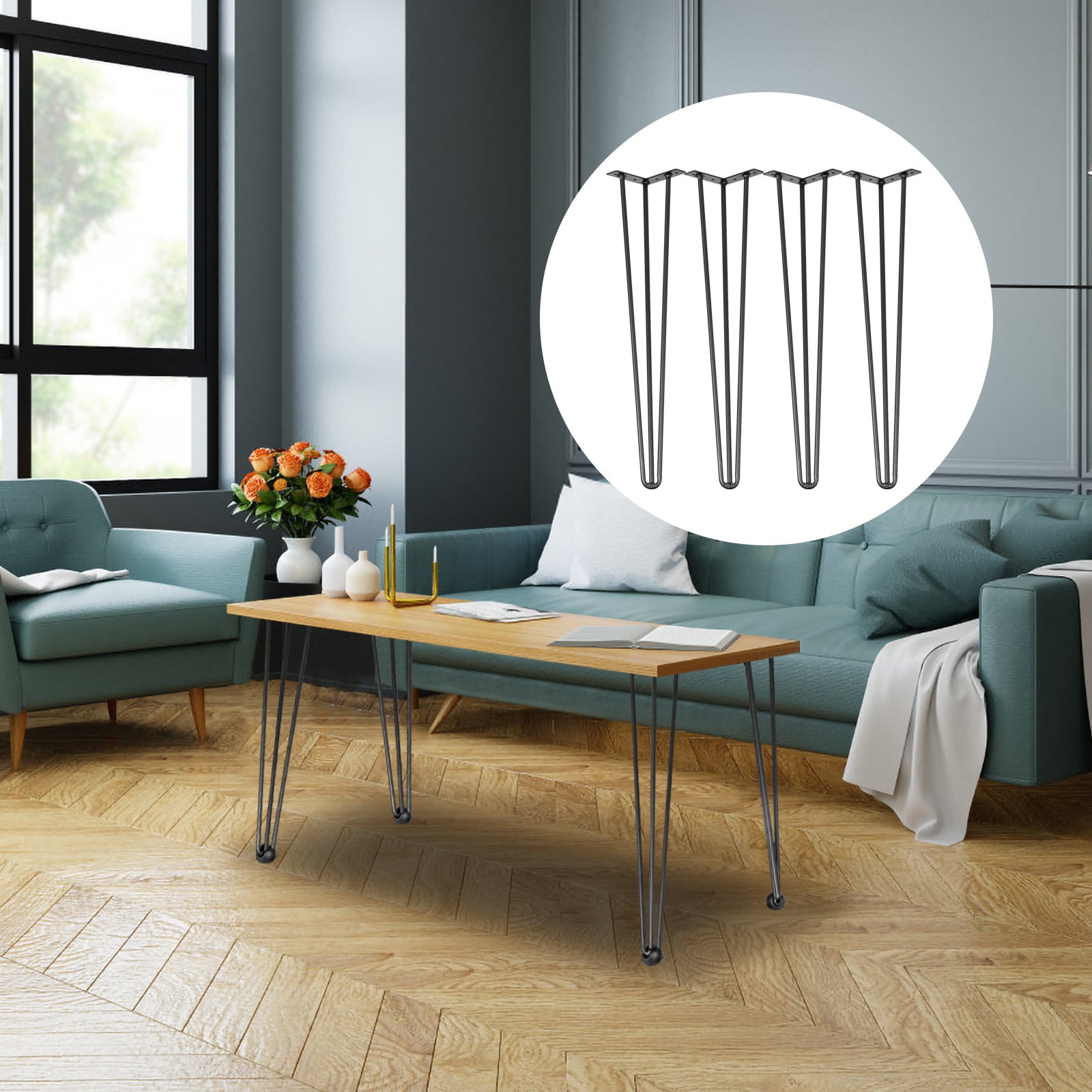 Pés de Mesa em Forma de Cabelo de 16 Polegadas, Conjunto de 4 Pés de Mesa em Cabelo de Aço com 3 Barras VEVOR - 8