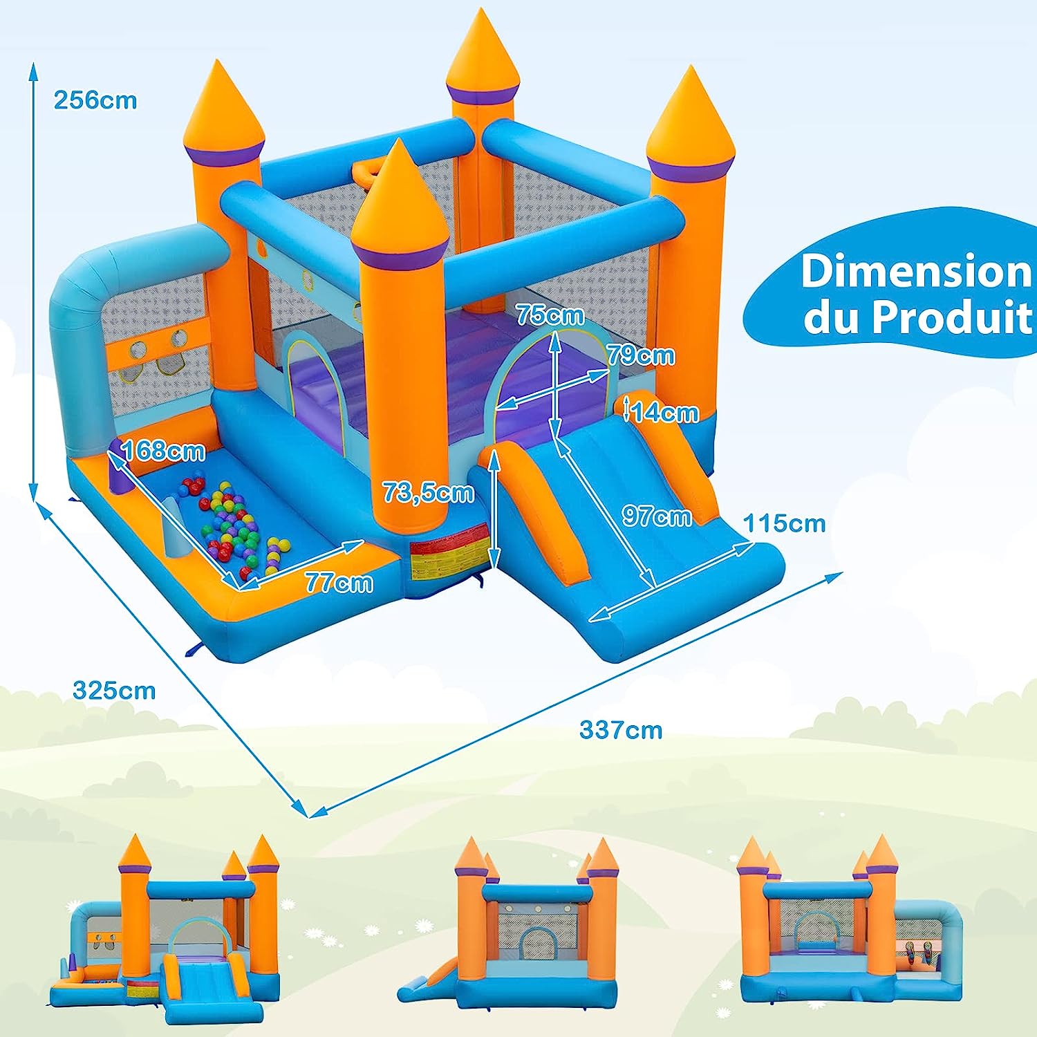 Castello Gonfiabile 5 in 1 con Soffiatore 735W, Casa Gonfiabile per Bambini con Scivolo, Trampolino, Piscina e 50 Palline, Lancio di Anelli e - 4