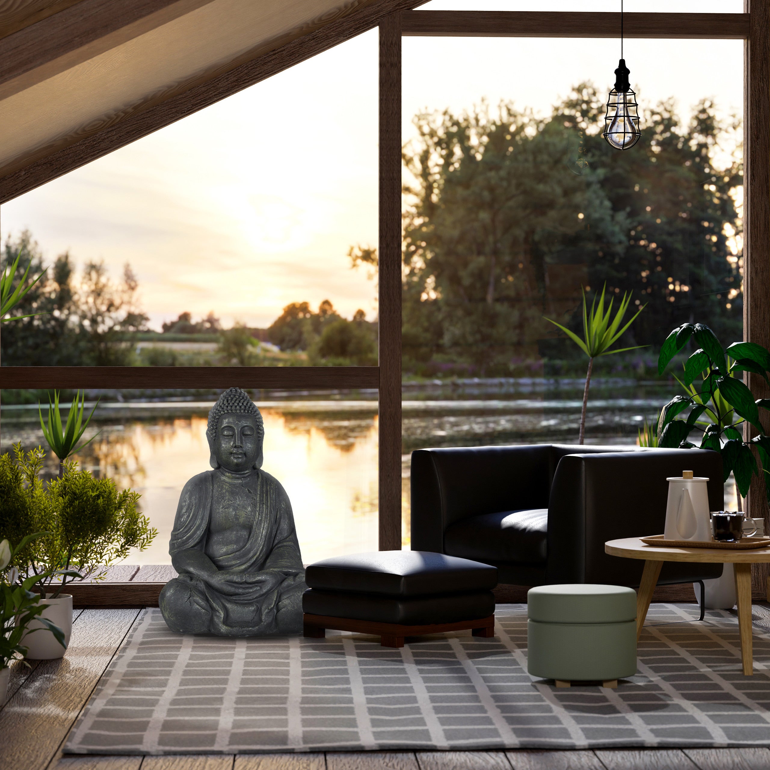Statue de Bouddha assise 70cm, figurine de jardin XL, vintage, résistant aux intempéries & au gel, anthracite, Relaxdays - 5
