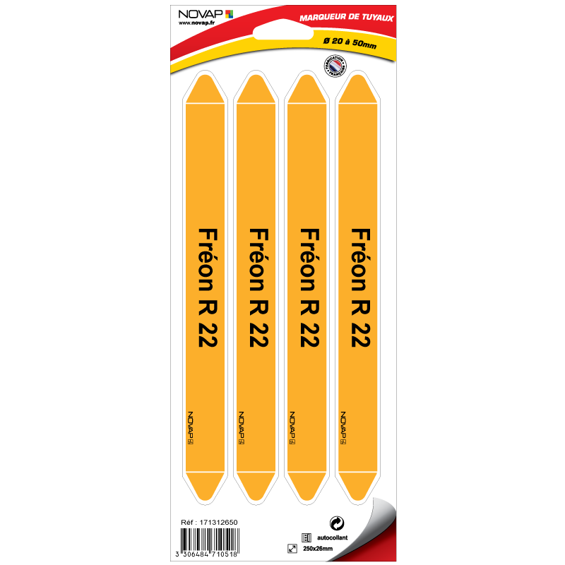 Marqueur Tuyauterie Gaz Naturel 250x26 Mm – 4 Bandes Adhésives Conformes Normes Européennes